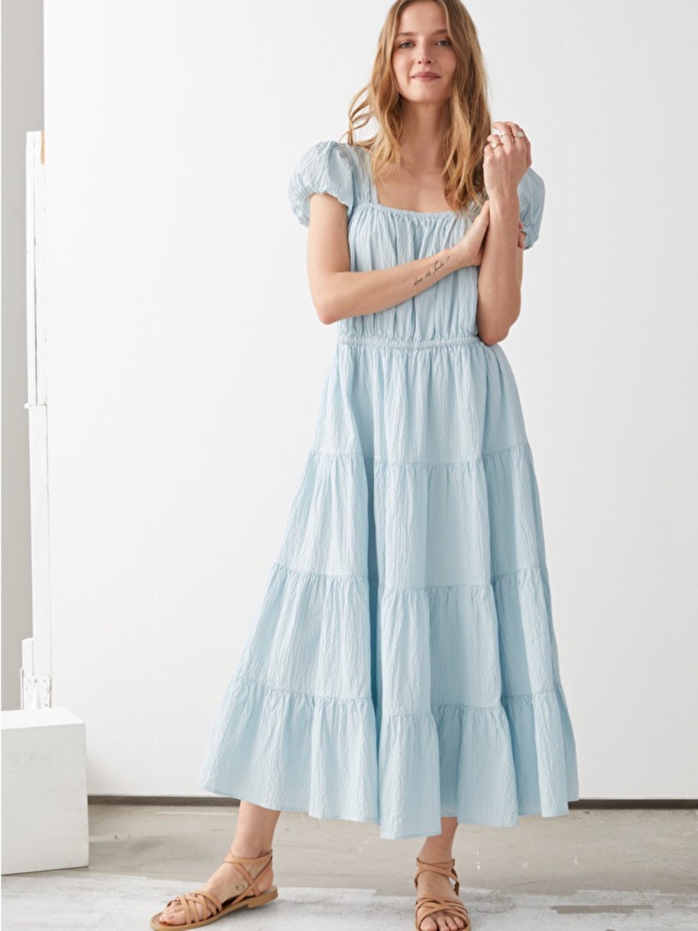 & OTHER STORIES light blue puff sleeve tiered midi dress with open back